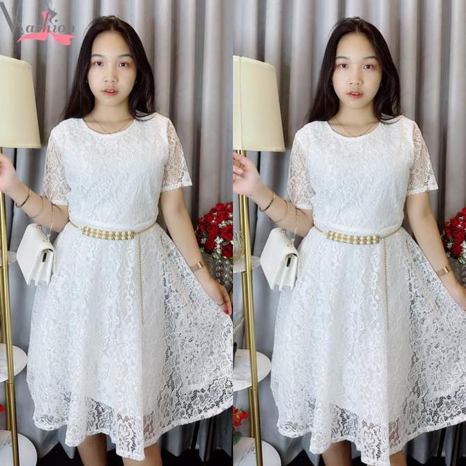 Promo Dress Brokat Putih Polos FREE Belt Mutiara Gaun Vima 50490 Casual COD