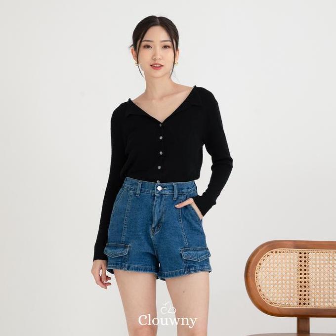Clouwny Plush Pocket Short Denim Celana Jeans Pendek Wanita Korean Look Cewek Hitam