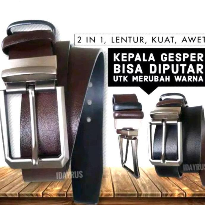 DS83 >> IKAT PINGGANG 2IN1 GESPER DUA WARNA KEPALA PUTAR SABUK BOLAK BALIK Hitam Kulit Pria