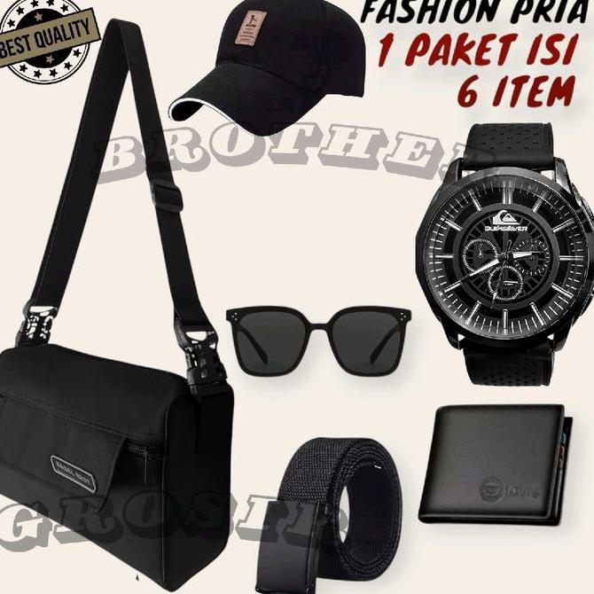 Promo Paket Promo Terkeren Fashion Pria: Tas Selempang + Jam Tangan + Topi + Kacamata + Ikat Pinggan