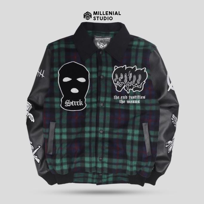 Promo VARSITY JACKET CRIMINAL JAKET KERAH GREEN FLANNEL FULL BORDIR ORIGINAL COD