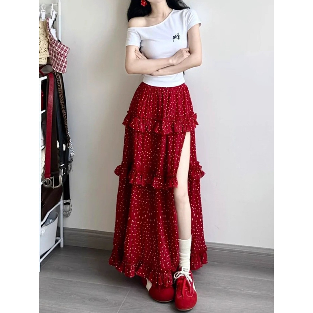 [PickMe Shop] Rok maxi cake polkadot merah berpotongan rok  elegan