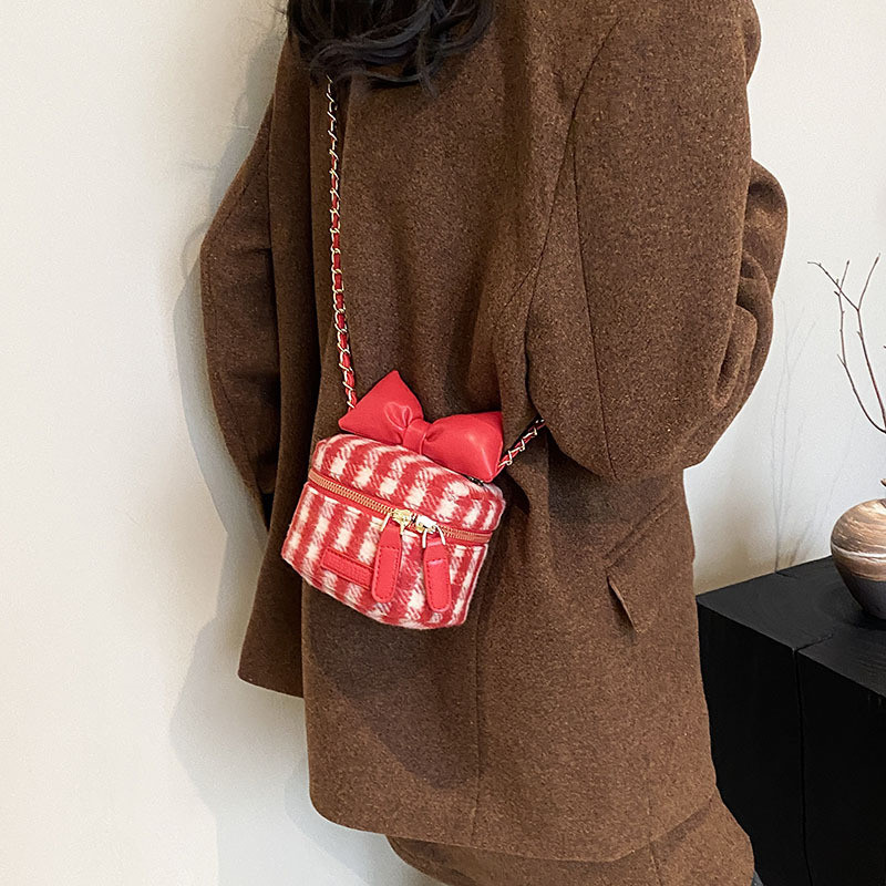 [Amy]Versi Korea dari tas ember mini kotak-kotak wol rantai gaya Chanel kecil yang modis