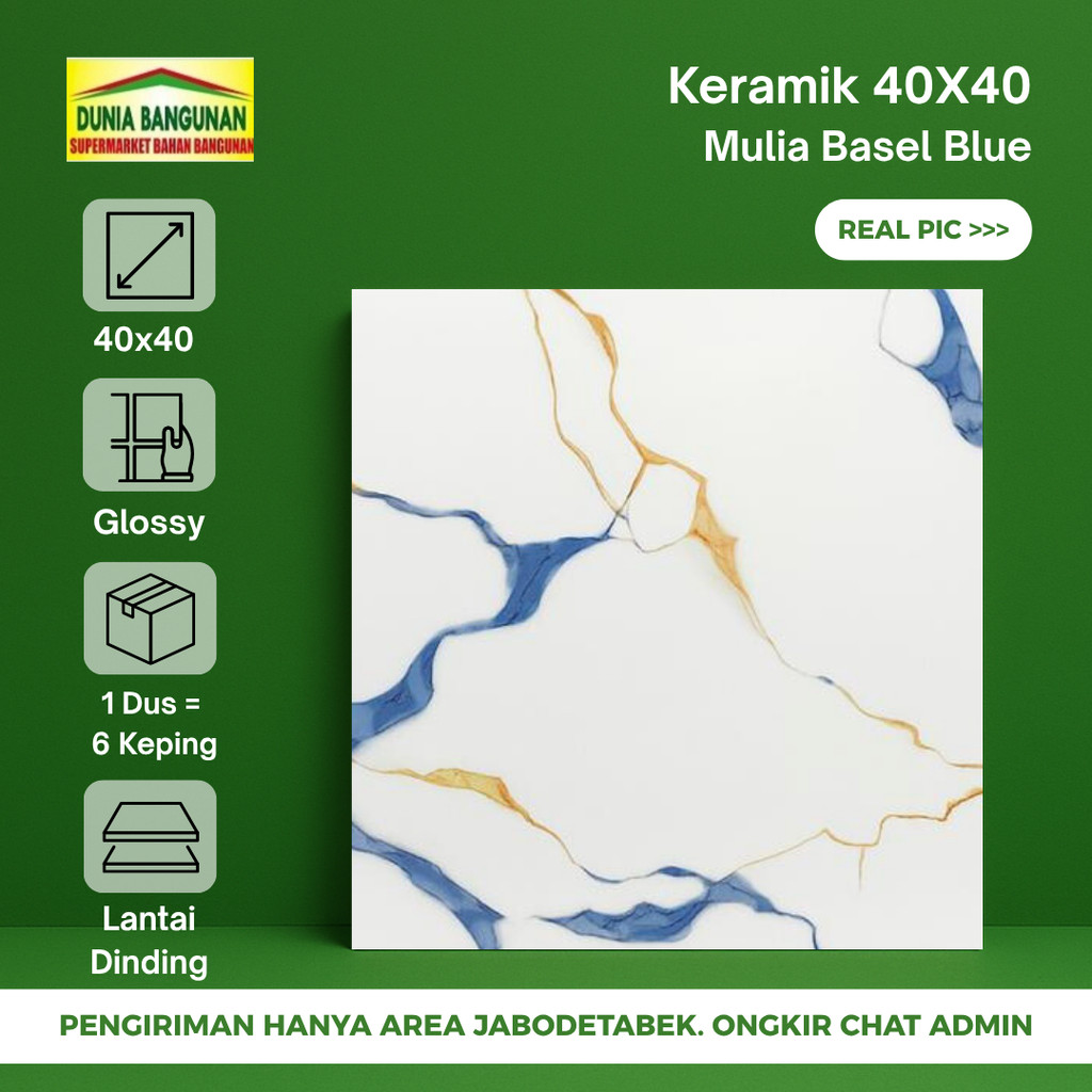 Keramik Lantai 40x40 KIA Basel Blue Keramik Glossy Corak Biru Emas
