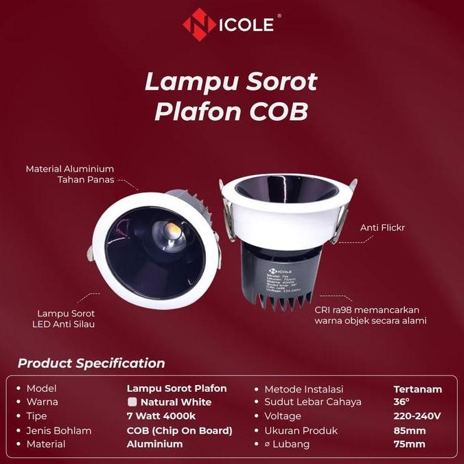 Nicole Lampu Sorot Plafon Tersembunyi LED Anti Silau CRi ra 98 Spot Light 75mm 3 Watt 7 Watt Downlig