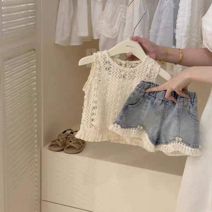 Promo [KIDSFASHIONKOLEKSI] 3015 & 4005 Setelan Costel Vest Crop Brokat 3in1 + Wide Kulot Denim Anak 