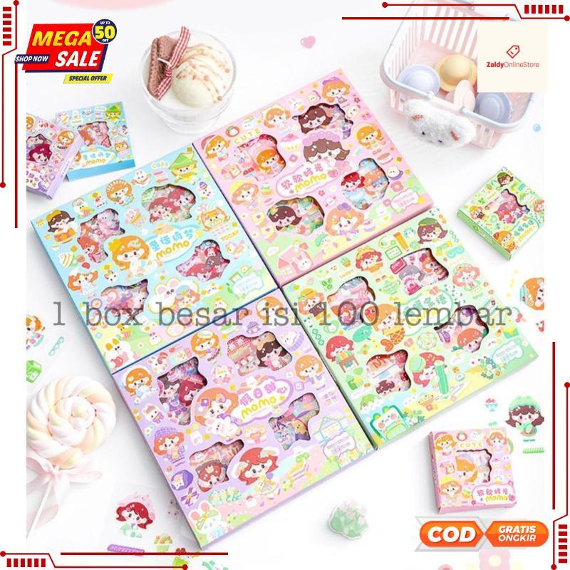 Diskon Sticker MOMO Kartun Aesthetic Waterproof 1 Box isi 100 pcs/ Sticker kartun Motif Lucu Anti AI