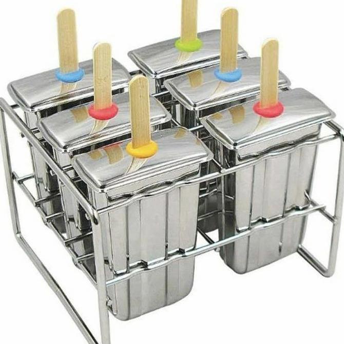 Popsicle Ice Cream Mould Stainless 6Pcs With Rack Cetakan Es Loli Mold