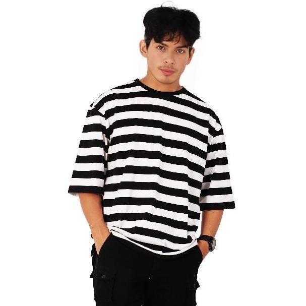 POSHBOY Kaos Lengan Pendek Pria Warna Hitam Putih Motif Garis Bahan Super Premium Edmonton