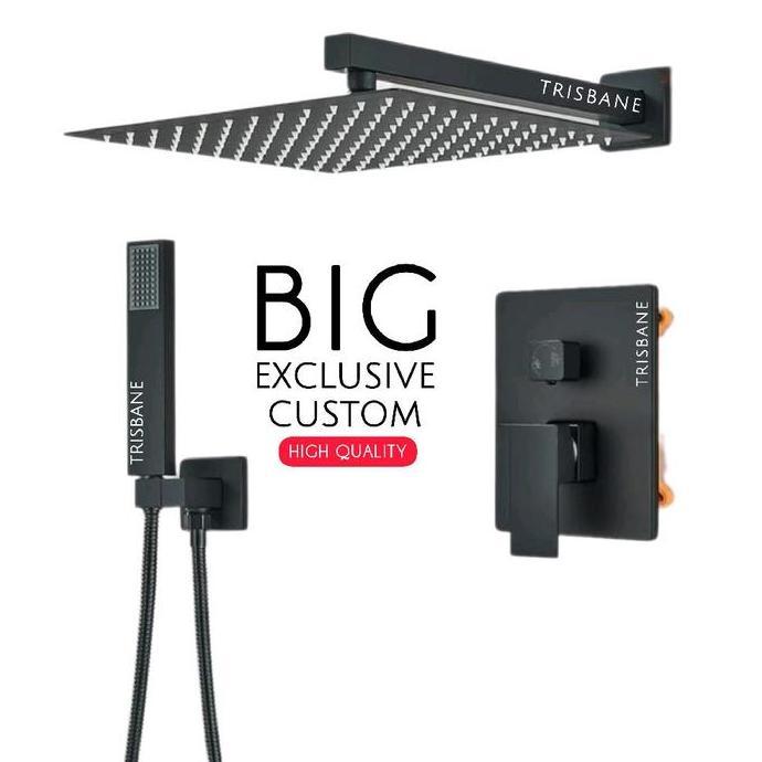 Rain Shower Mandi Besar Hitam Set Wall Shower Kran Tanam Selang Tiang Keran Air Mixer