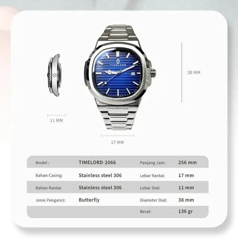 Jam tangan pria Tahan Air Kaca Safir TIMELORD 2066 Original Stainless Steel Anti Gores Garansi Resmi