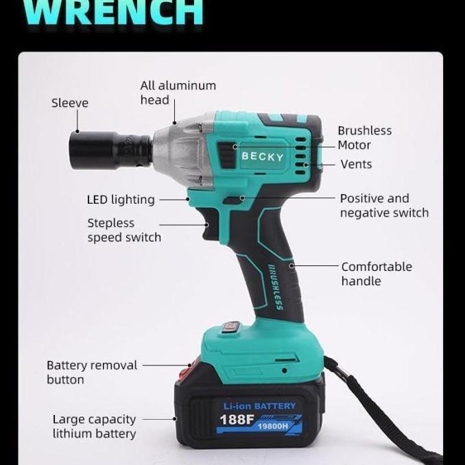 Impact Wrench Cordless 188V 560N/M 2 Baterai Mesin Impact Buka Baut Bor Impact Baterai Inpek Pembuka