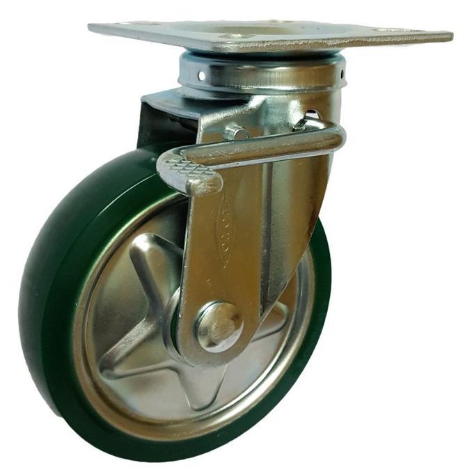 Roda Caster Troly / Troli PU Hijau 4 Inch Rem ( Kunci ) TOYO Roda Troli