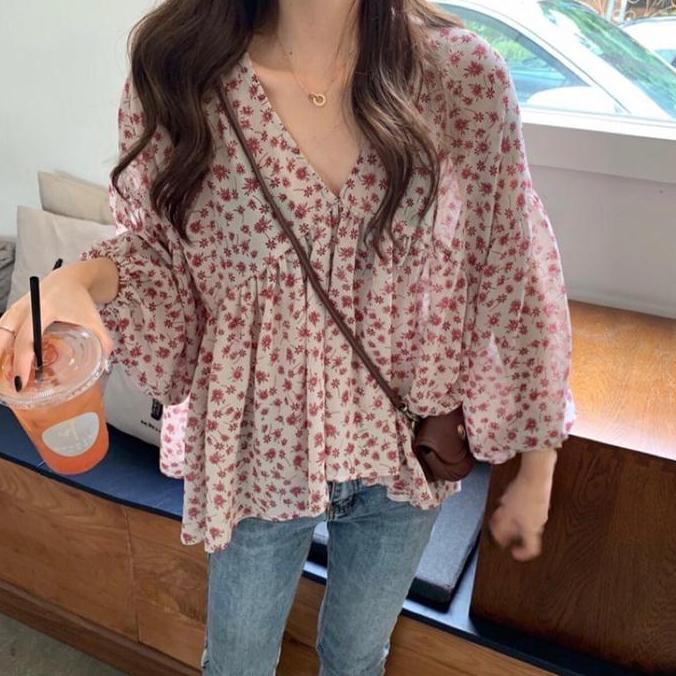 Promo [DAISY]Blouse wanita bunga lengan panjang hijab muslim pantai Atasan Baju COD