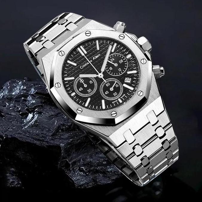 Promo Buy 1 Get 1  Cristiano Aillen Jam Tangan Pria 0833 Rantai Stainless Steel Kaca Sapphire Chrono