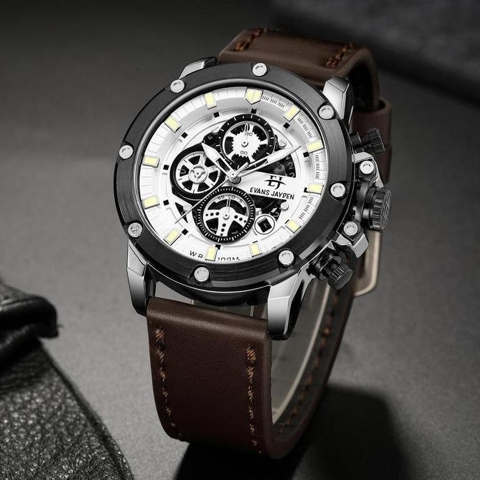 Promo Buy 1 Get 1  Evans Jayden Jam Tangan Pria 9570 Kulit Kaca Sapphire Chronograph Water Resistant