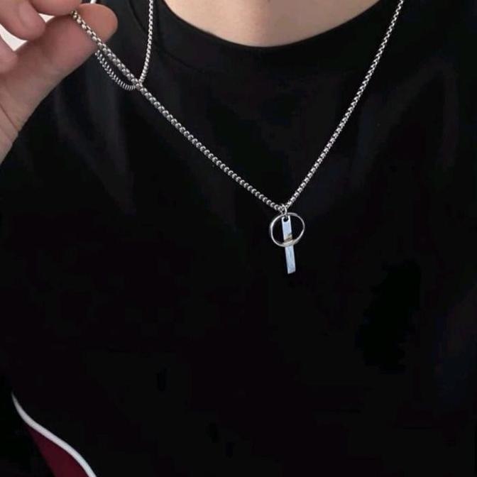 DI98 - KALUNG TITANIUM MODEL SQUARE PEARL CHAIN LIONTIN RING DAN BALOK PREMIUM ANTI KARAT COCOK UNTU