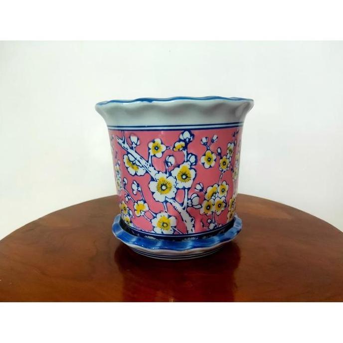 Terlaris Keramik Pajangan Pot Bunga Motif Sakura Pink Ada Alas Piringnya