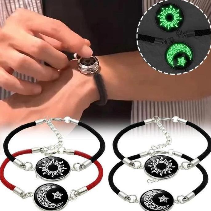 2pcs Gelang Couple Luminous Matahari & Bulan Tali Rajut Adjustable Romantis