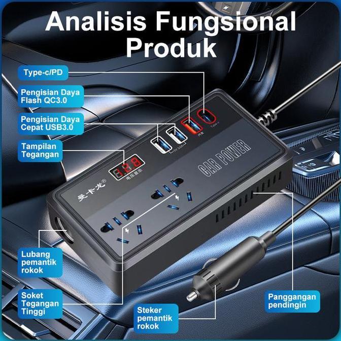 Car Power Inverter 7in1 2 lubang + 4USB  Konverter USB Charging 12/24V 200w Car Inverter LED Inverte