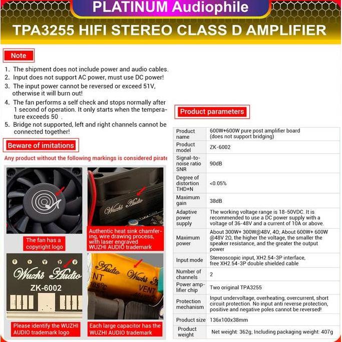 TPA3255 Amplifier Class D Stereo Hifi HD Sound High Power 600W+600W 1200W Original ZK-6002