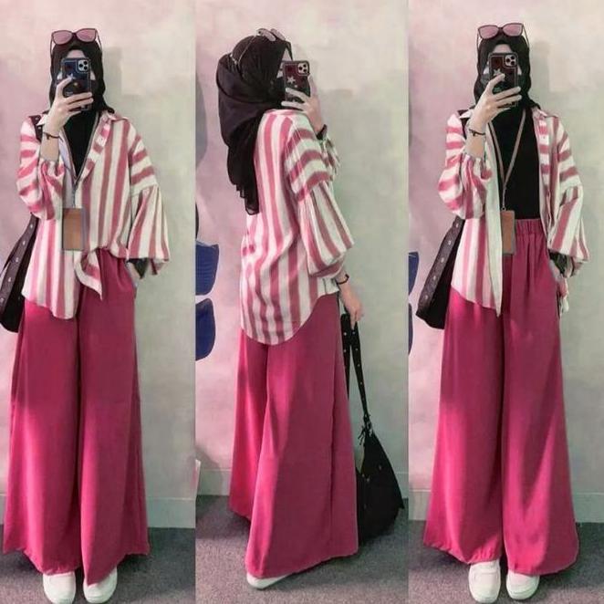 Namira Strip One Set Kulot | Setelan  Tunik Baju Atasan Muslim Oversize Crinkle Airflow Motif Celana