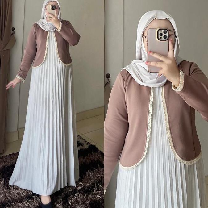 Oneset Sabrina Setelan Blazer Crop Renda Dan Inner Plisket Premium Up To 110Kg - Muslim, Wanita Gami