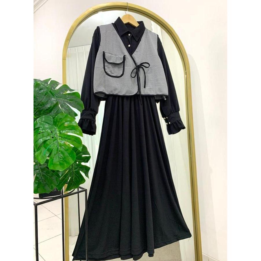 Ready Stock Yoona Dress Gamis Wanita Muslimah Jumbo Overall 2 In 1 Vest Gingham Rompi Motif Kotak Al