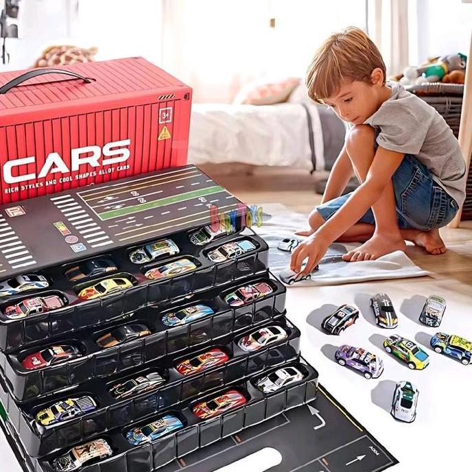 (1 Kotak 4 Rak / 48 mobil bonus peta) mainan mobil mobilan Toy metal pullback kado hadiah mobil main