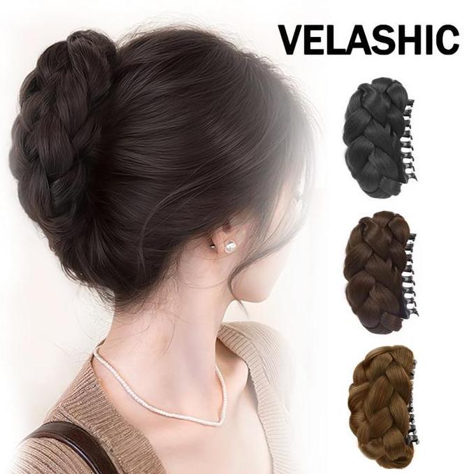 CR - VELASHIC  (karya asli) Jepit Rambut Palsu Bun Kepang Volume 3X Serat Suhu Tinggi Cepol Bunga El