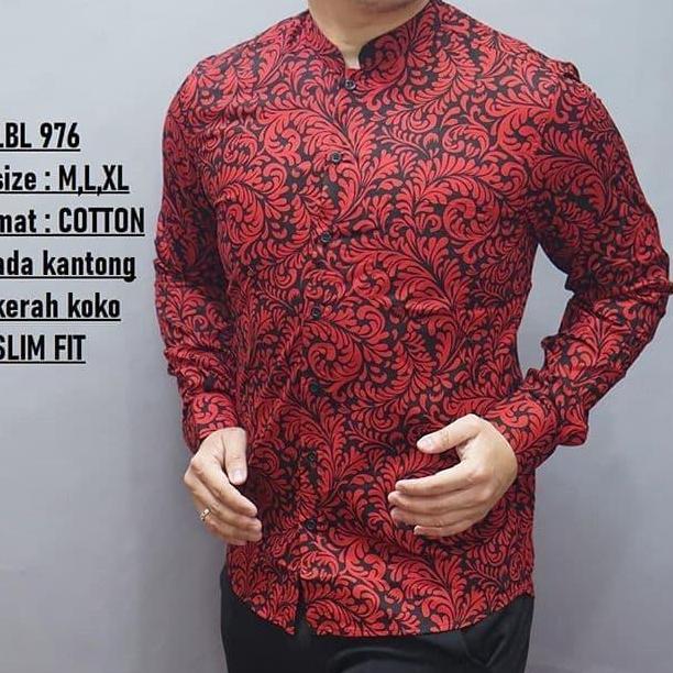 KEMEJA BATIK PRIA SLIM FIT MERAH / BAJU BATIK PRIA SHANGHAI LBL976 murah