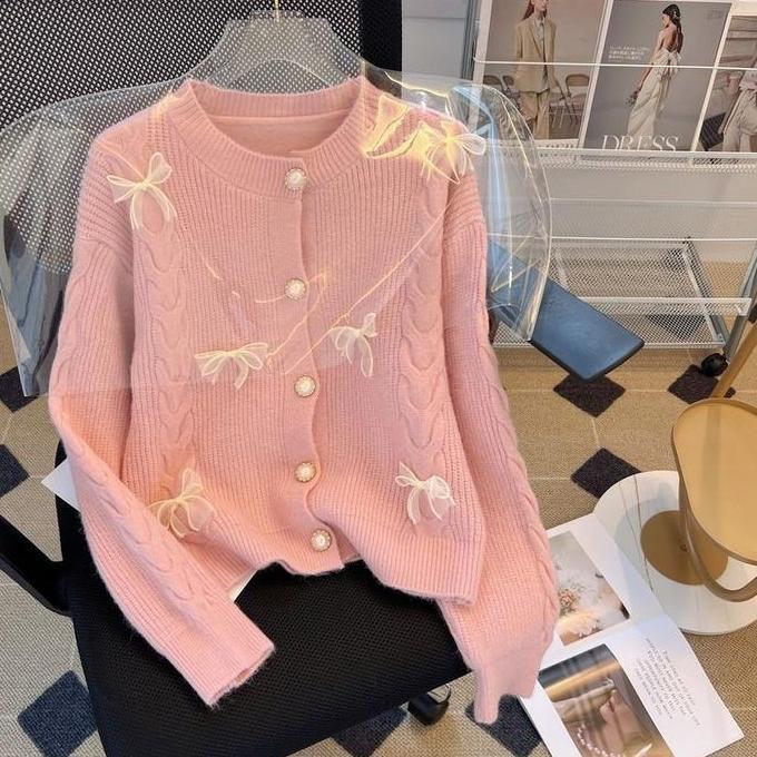 Joveline - Cardigan Ribbon Kepang Pastel Aaq4 Kancing Knitwear