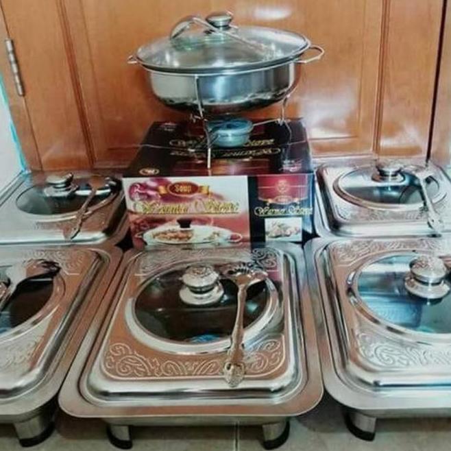 Prasmanan Set Stainless Steel Wadah Saji Sayur Kotak Tutup Kaca Baki