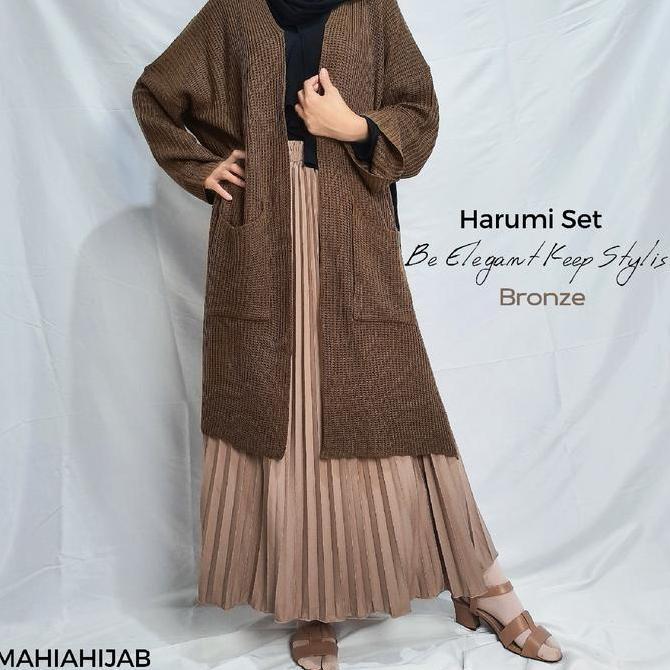 Harumi Set (Long Cardigan + Rok Plisket) korean style outfit by mahiahijab