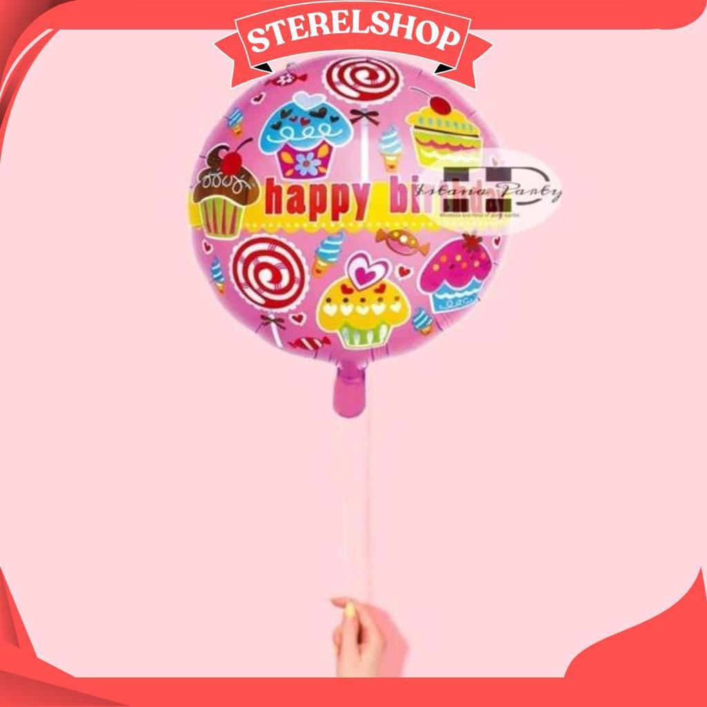 Balon Foil Bulat Cupcake / Balon Foil Happy Birthday Motif Cupcake Ip Promo Puncak