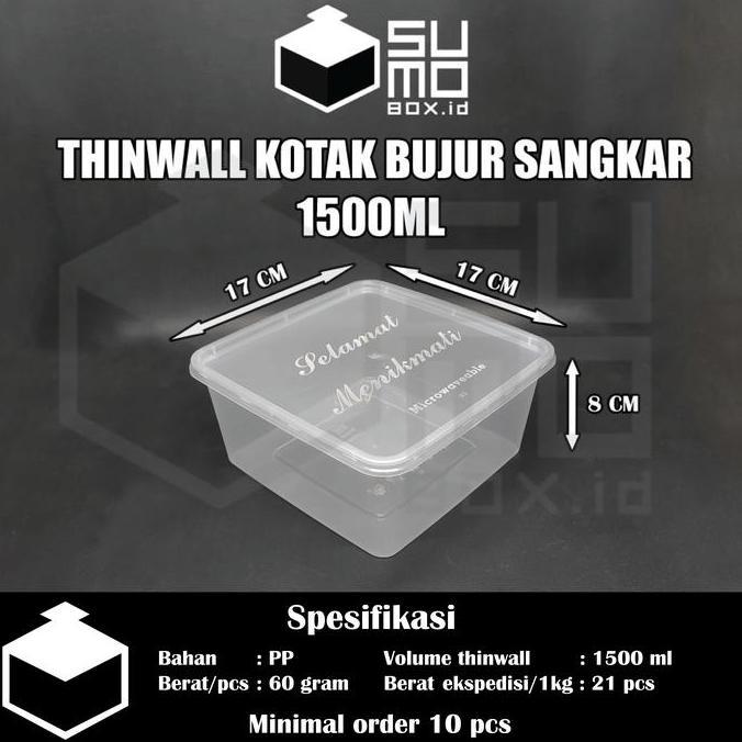 Thinwall Bujur Sangkar 1500ml + Tutup / Kotak Makan Plastik [ECERAN]