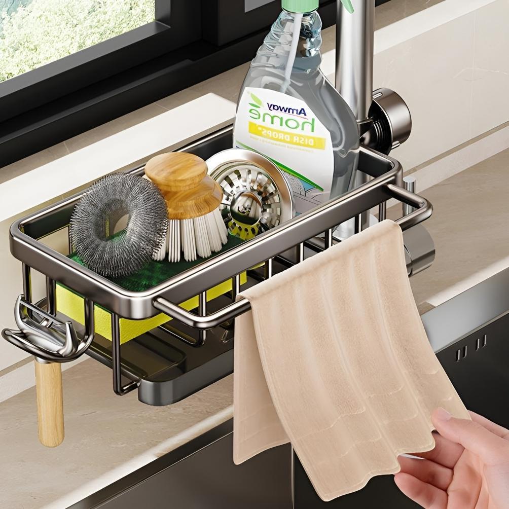 Rak Organizer Wastafel Dapur Tempat Sabun Spons Rak Aluminium Penyimpanan Tempat Kain Pencuci Piring