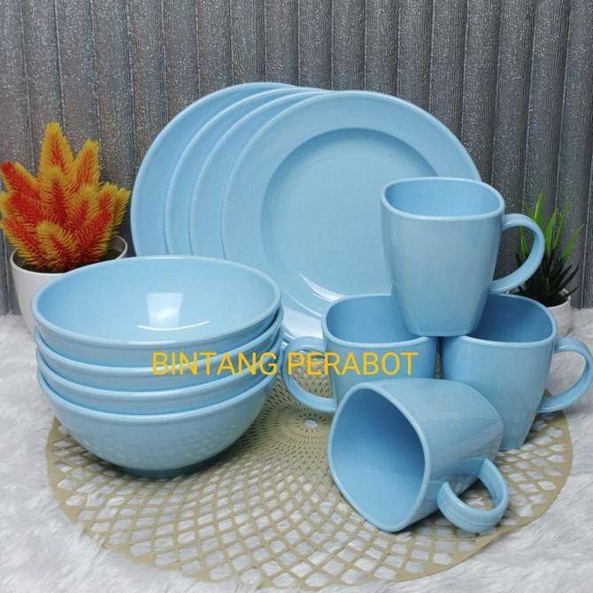 BANGPREDI321 - PERALATAN MAKAN MELAMIN 1 SET - PIRING, MANGKOK & CANGKIR BULAT, BIRU HITAM