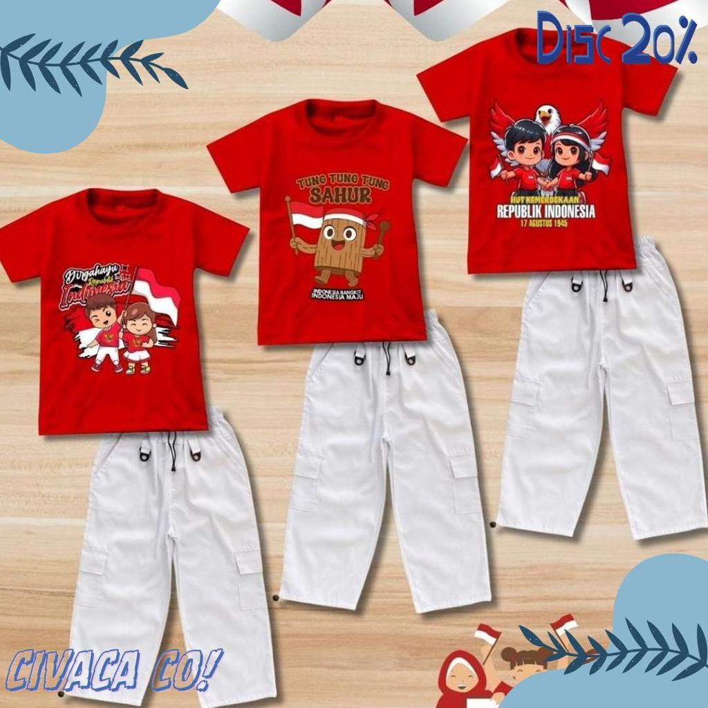 50% Off Setelan Celana Cargo Anak 17 Agustus / One Set Kemerdekaan Rs02