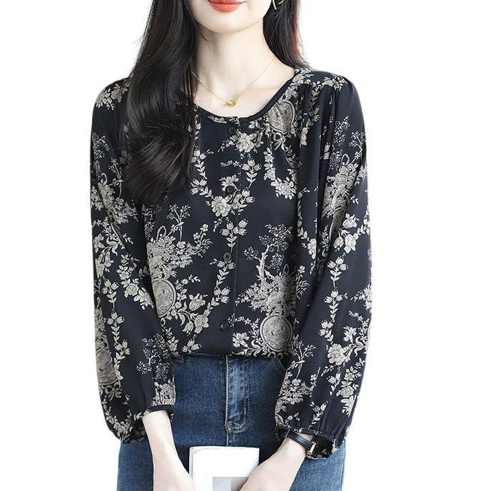 DR245 - Kemeja Wanita Thailand Longgar Lengan Panjang Hitam Fashion Leher Bulat Blus Kasual Motif Bu