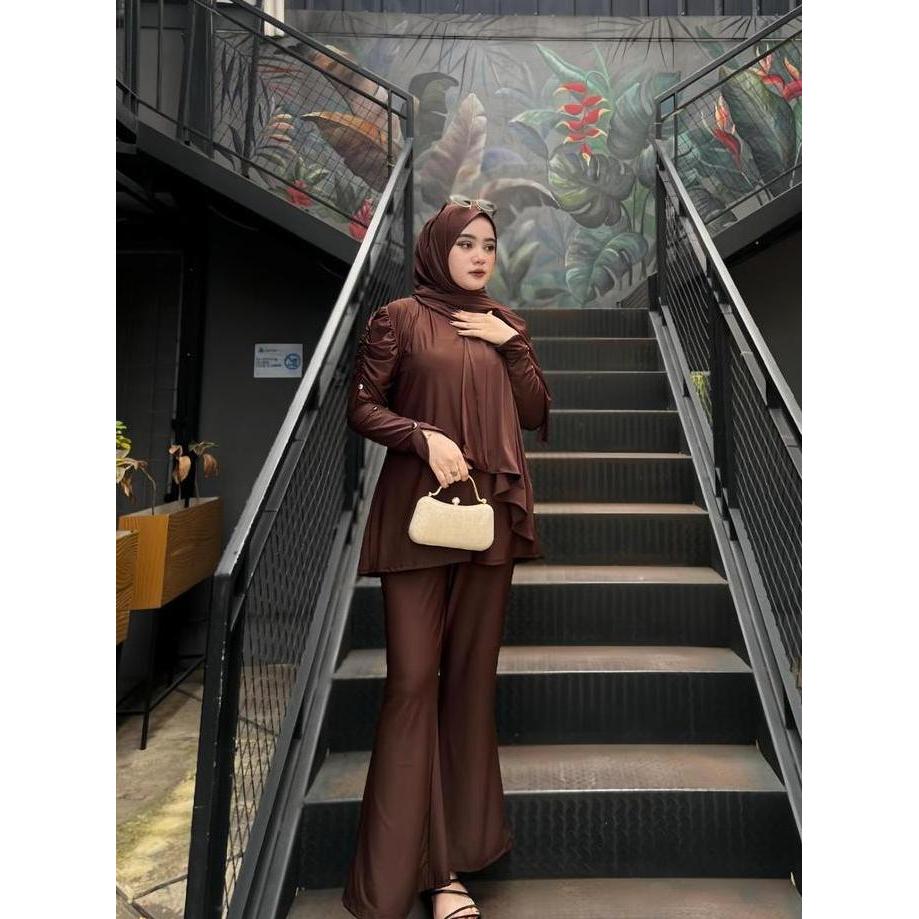 LARAS SET ONESET JERSEY SET HIJAB WANITA PREMIUM PINGGANG KARET OVERSIZE Baju Setelan Celana Dewasa