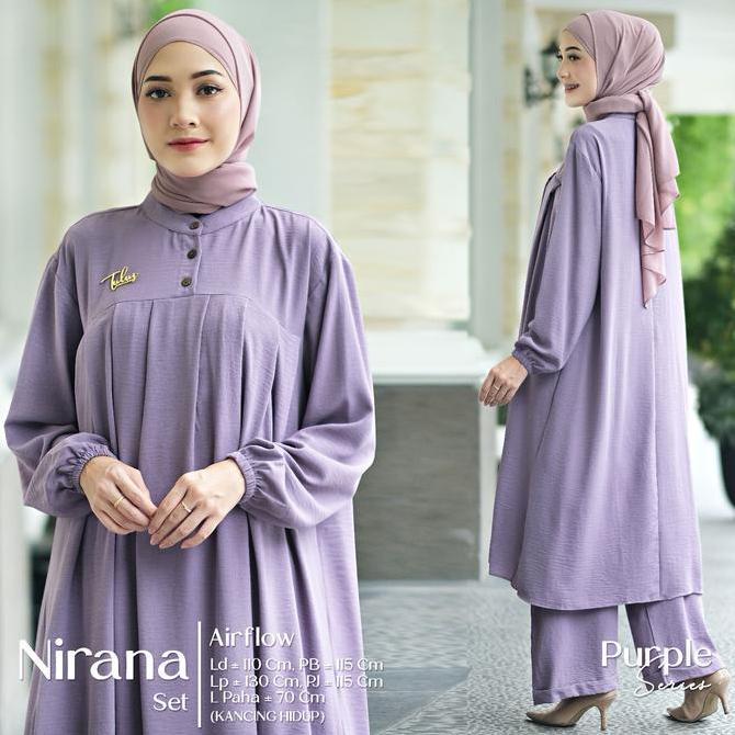 Nirana Setelan Wanita Muslim Airflow Motif Polos One Set Baju Celana Hijab Style