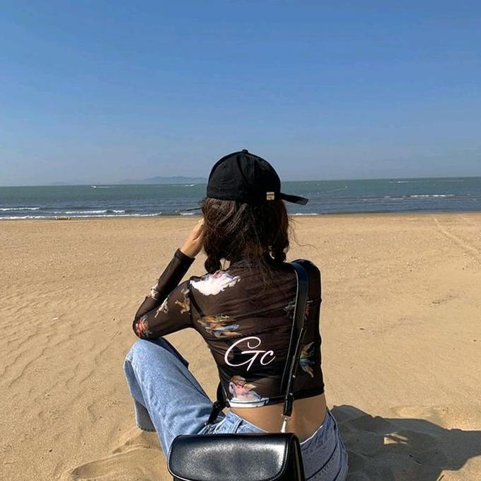 Blue n Black Angel Transparent Crop Top Turtle Neck Long Sleeve Atasan Cupid Transparan Biru dan Hit