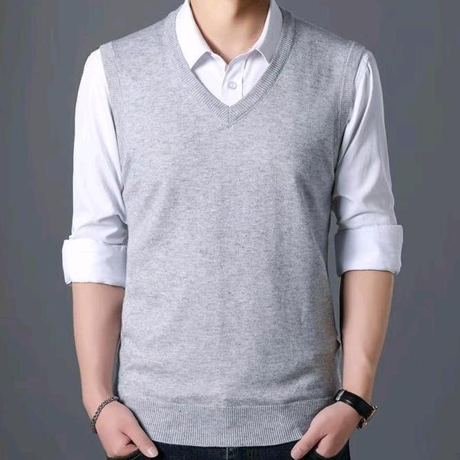 Evo - Premium Rompi Rajut Polos Grey Pria Dewasa Street Style | Vest Knit V Neck Pria/Wanita Atasan 