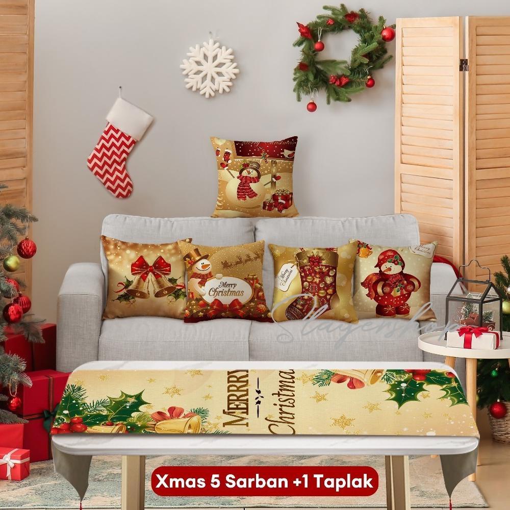 Natal Cetak Linen 40*40cm Sarung Bantal+ Taplak Meja Setelan Dekorasi Xmas Rumah 6 Buah Set Alas Mej