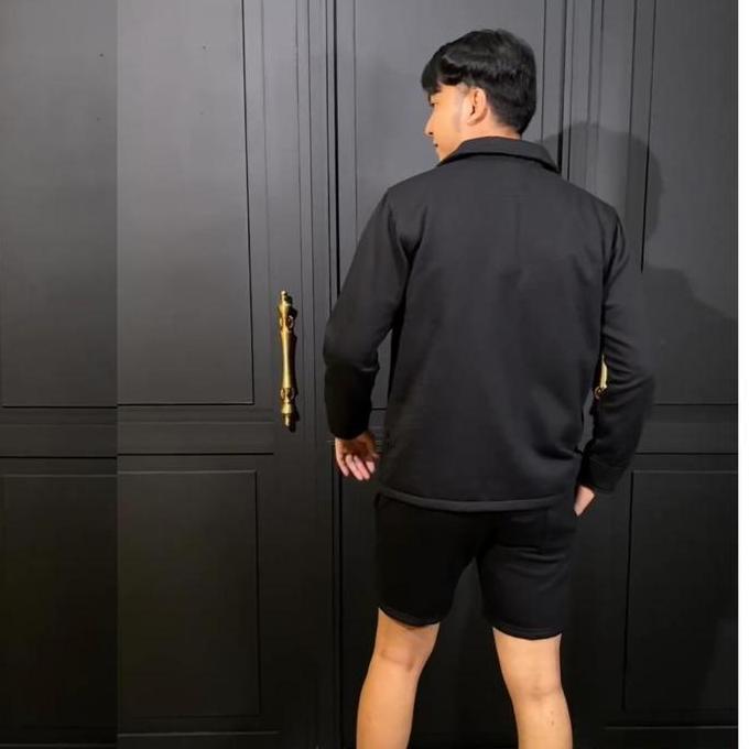 Jaket One Set Polos Pria / Jaket Shacket Casual / Jaket Pria Setelan Polos Hitam Panjang Celana Dewa