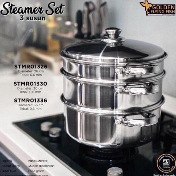 Steamer Set 3 Susun - Golden Flying Fish - Stainless Steel - Kukusan
