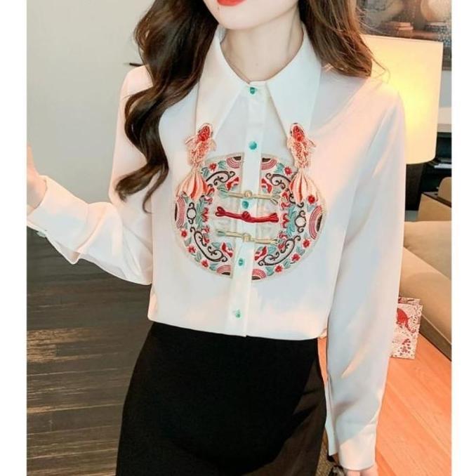 Kemeja Lengan Panjang Cheongsam Chongsam Cheong Sam Wanita Merah Putih Red White Gold Fish Ikan Hoki