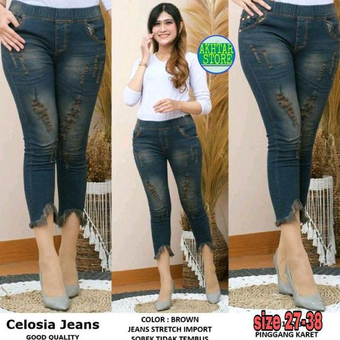 (Akhtar-Jeans) Celosia Jeans 7/9 Pinggang Full Karet Bahan Celana Melar Tebal Panjang Jeans Wanita
