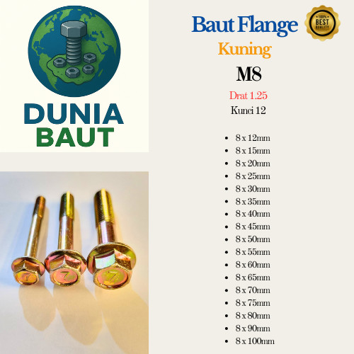 (10 Pcs) Baut Flange Kuning Ukuran  M8 (Kunci12) Lapis Galvanis